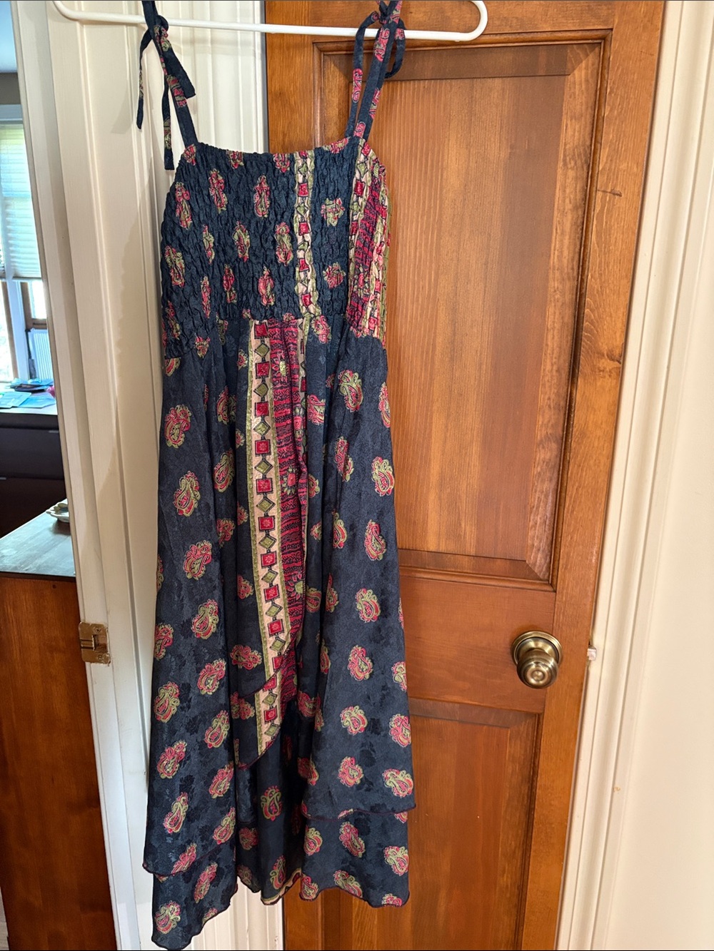 Navy Floral Midi Dress with Pink Accent and Tie Straps